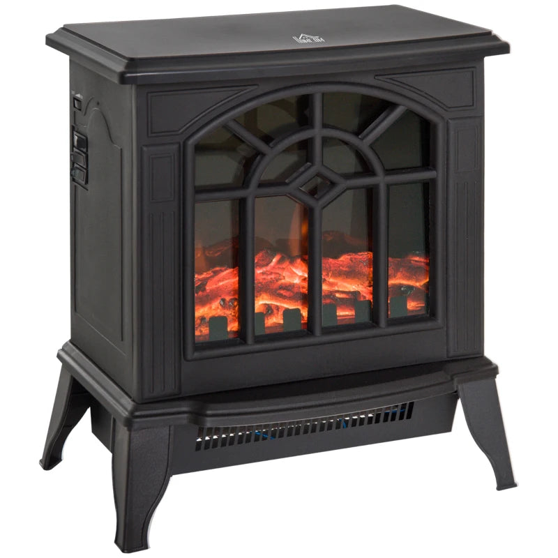 Freestanding 1000W 2000W Electric Fireplace Indoor Heater with Thermostat and LED Flame Effect Black
