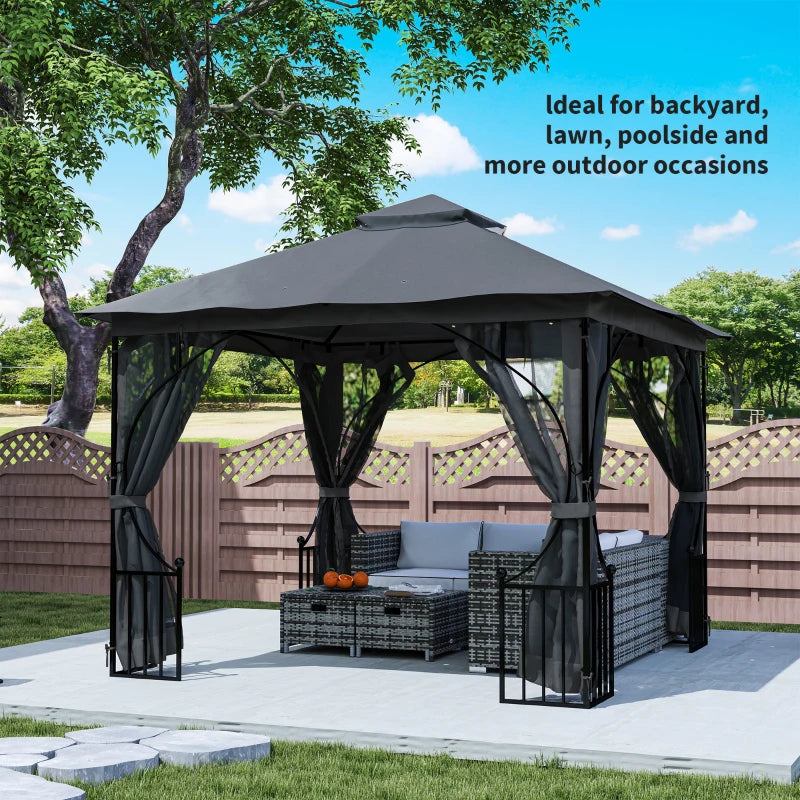 3m x 3m Dark Grey Garden Gazebo - Patio Party Tent Shelter with Double Tier Canopy and Metal Frame
