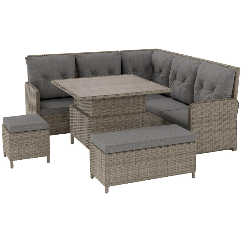 6 Pieces Light Grey Outdoor PE Rattan Garden Furniture Set - Patio Wicker Sectional Sofa with Soft Padded Cushions & Liftable Coffee Table