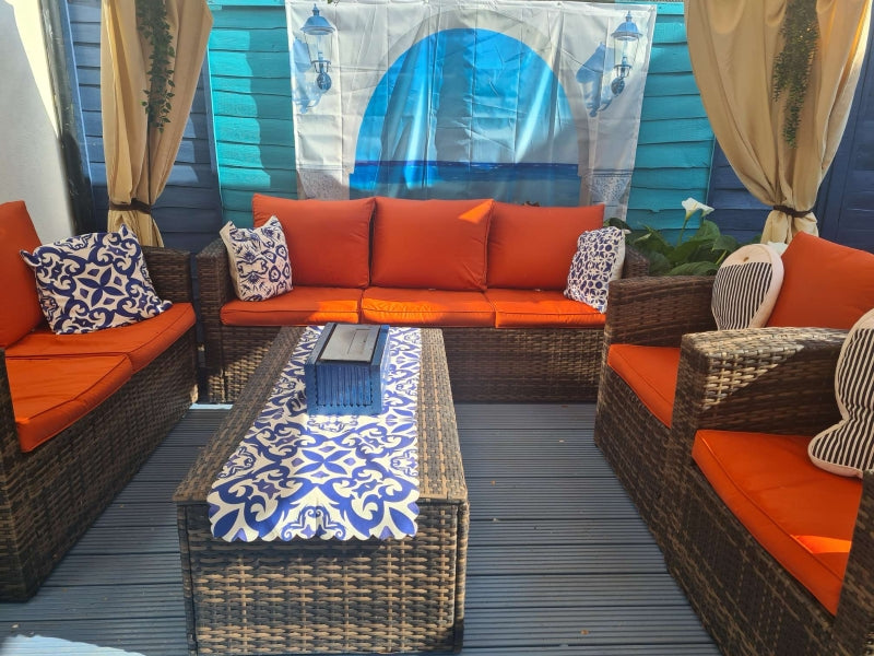 6-Piece Patio Ensemble: Mixed Brown Rattan Corner Set With Orange Cushions