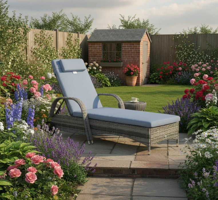 Grey Rattan Sun Lounger with Adjustable Headrest and Blue Cushion