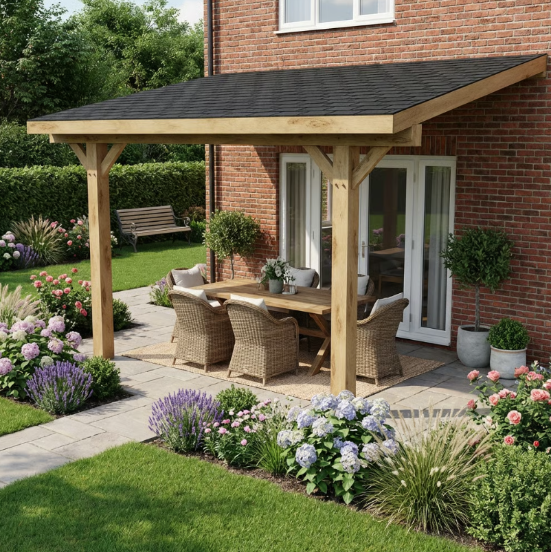 Ruby Oak Lean-To Gazebo with Katepal Black Shingle Roof