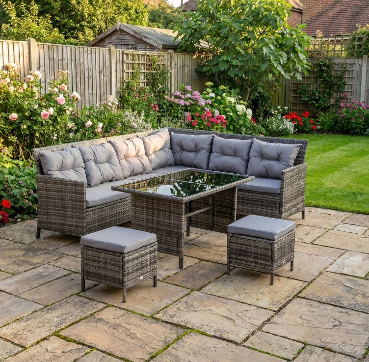 Mixed Grey 8-Seater Wicker Sofa Set With Glass Table & Cushions