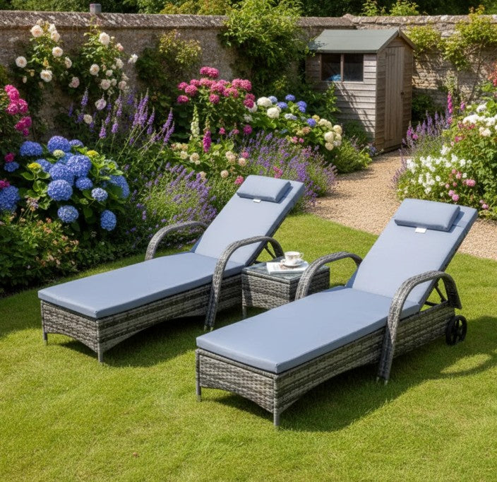 Grey Rattan Sun Lounger Set with Recliners and Coffee Table