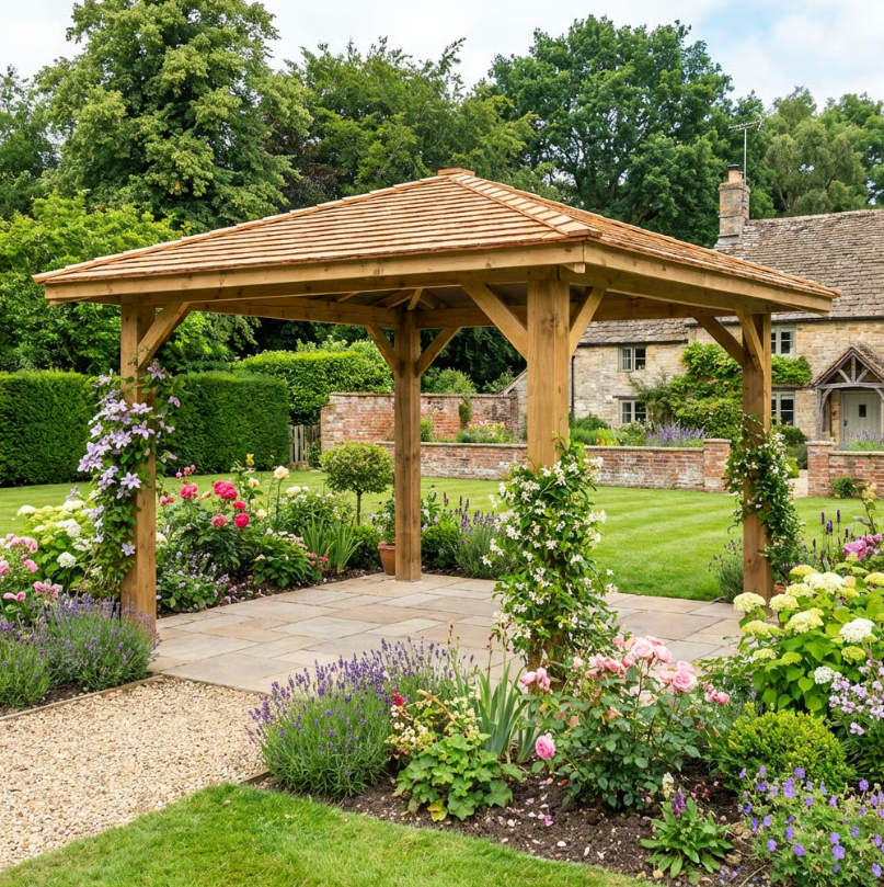 Ruby Wooden 4 Pitch Gazebo with Cedar Shingle Roof – Classic Garden Shelter