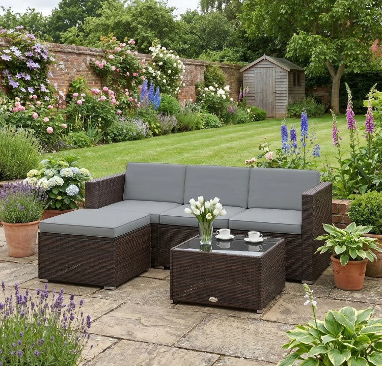 Light Grey 3-Piece Rattan Corner Lounge Set with Cushions – Compact Garden Conversation Sofa Suite