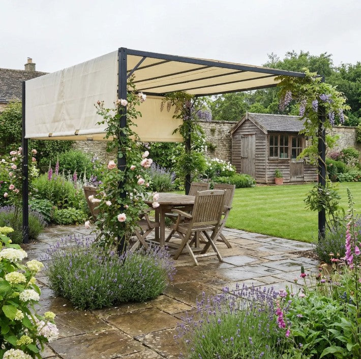 3x3m Metal Pergola with Sliding Canopy Roof – Heavy-Duty Garden Gazebo Party Tent Sun Shelter in Cream White & Black