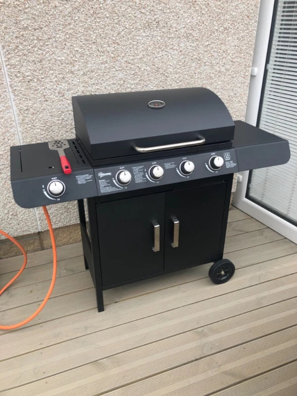 5-Burner 4+1 Black Gas BBQ Grill with Smoker and Side Table - Outdoor Barbecue Trolley with Wheels, Warming Rack, Side Shelves, Cabinet, Thermometer