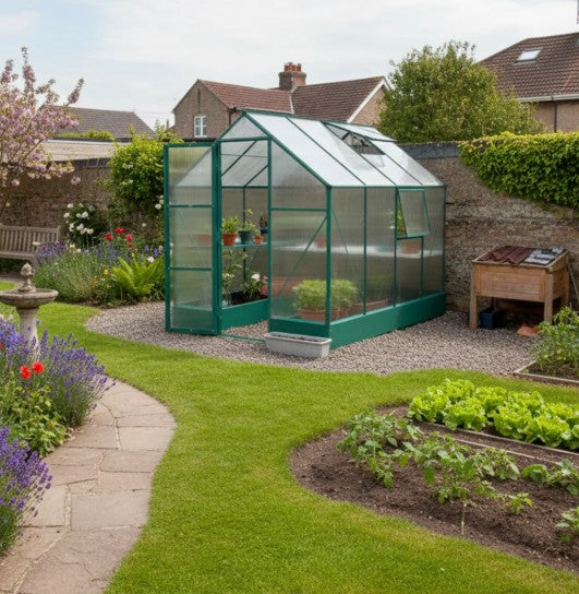 Green 6ft x 8ft Polycarbonate Greenhouse With Aluminium Frame and Temperature Controlled Window and Foundation