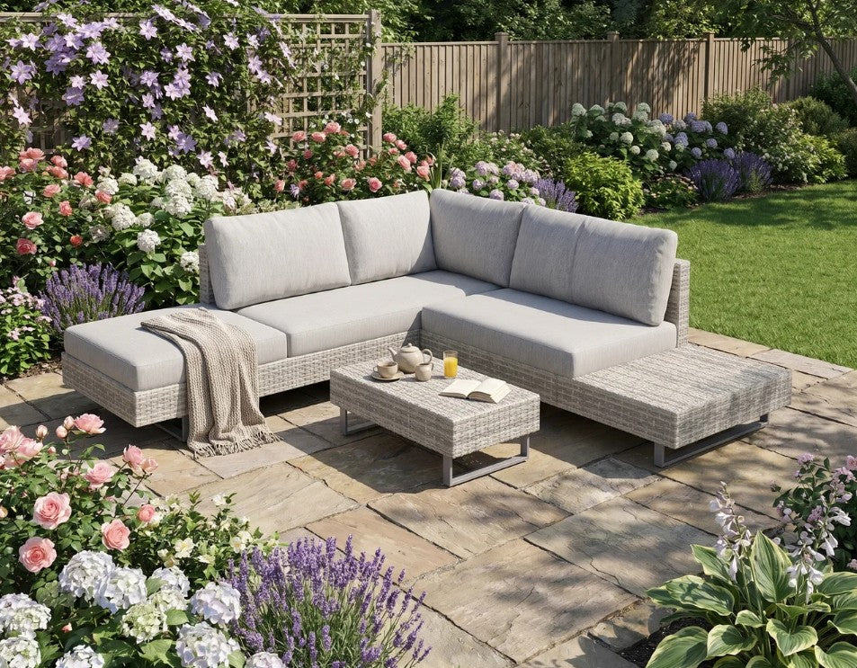 Three-Piece Corner Rattan Set With Glass Coffee Table