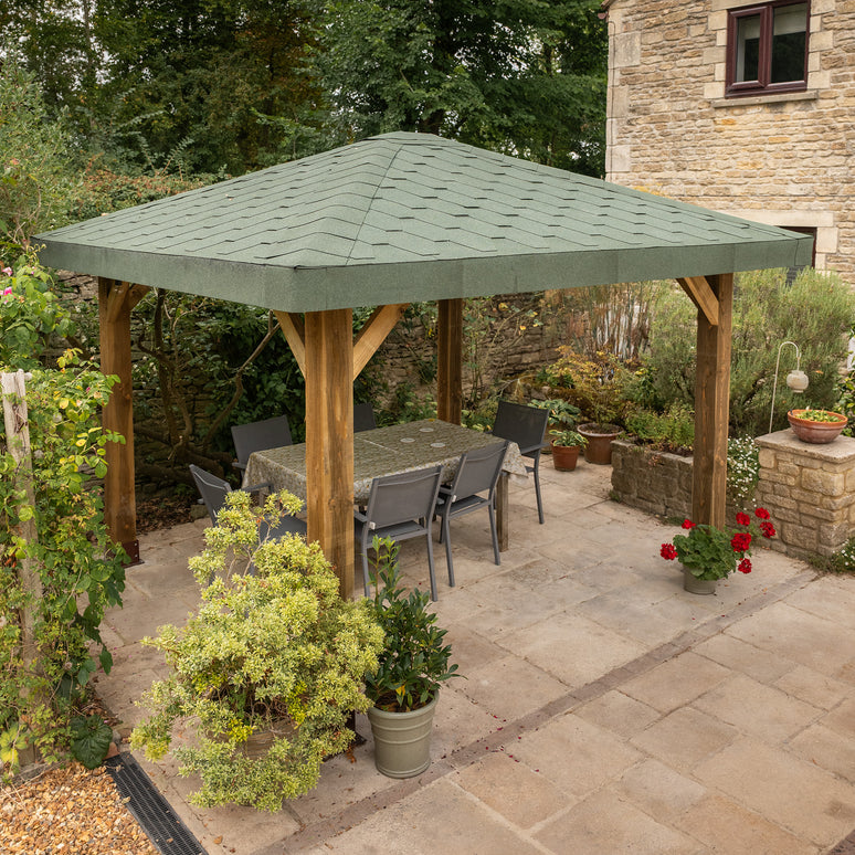 Ruby Wooden 4 Pitch Gazebo with Katepal Green Shingle Roof - Premium Weatherproof Garden Gazebo