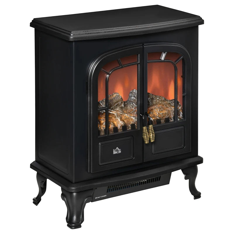 Electric Fireplace Stove Heater with LED Flame Effect Freestanding Portable Overheat Protection 1000W 2000W Black
