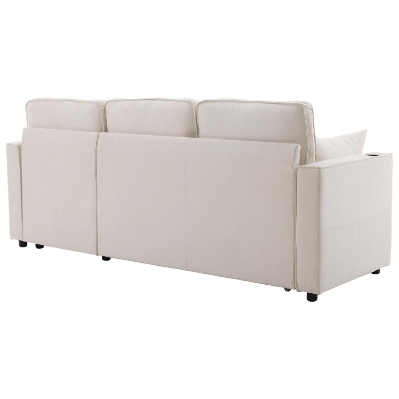 Versatile L-Shaped Sofa Bed with Reversible Chaise, Storage, Cup Holders and Cushions in Beige