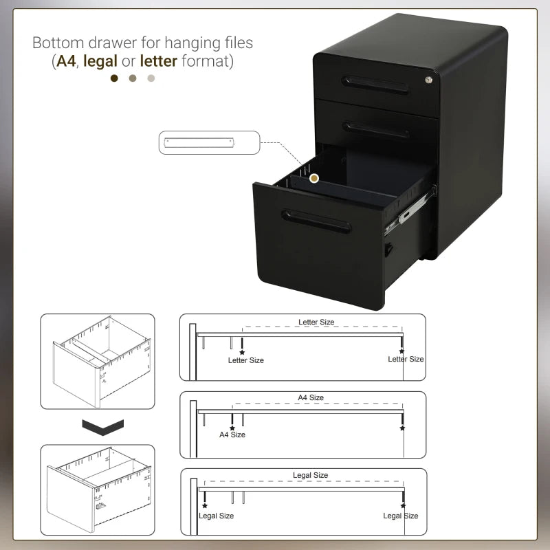 Vinsetto Lockable File Cabinet - 3 Drawer Vertical Office Storage for A4, Letter, Legal Size - Anti-Tilt, Pre-Assembled, Black