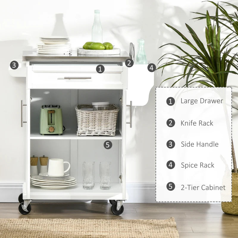 Wooden Kitchen Island on Wheels - Mobile Serving Cart with Stainless Steel Top, Drawer, Side Handle & Rack in White