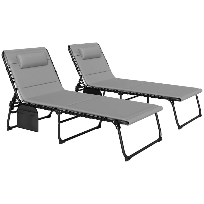 Set of 2 Light Grey Folding Sun Loungers with Quick Drying Pad, Recliner Garden Chairs with Headrest and Side Pocket for Beach and Pool