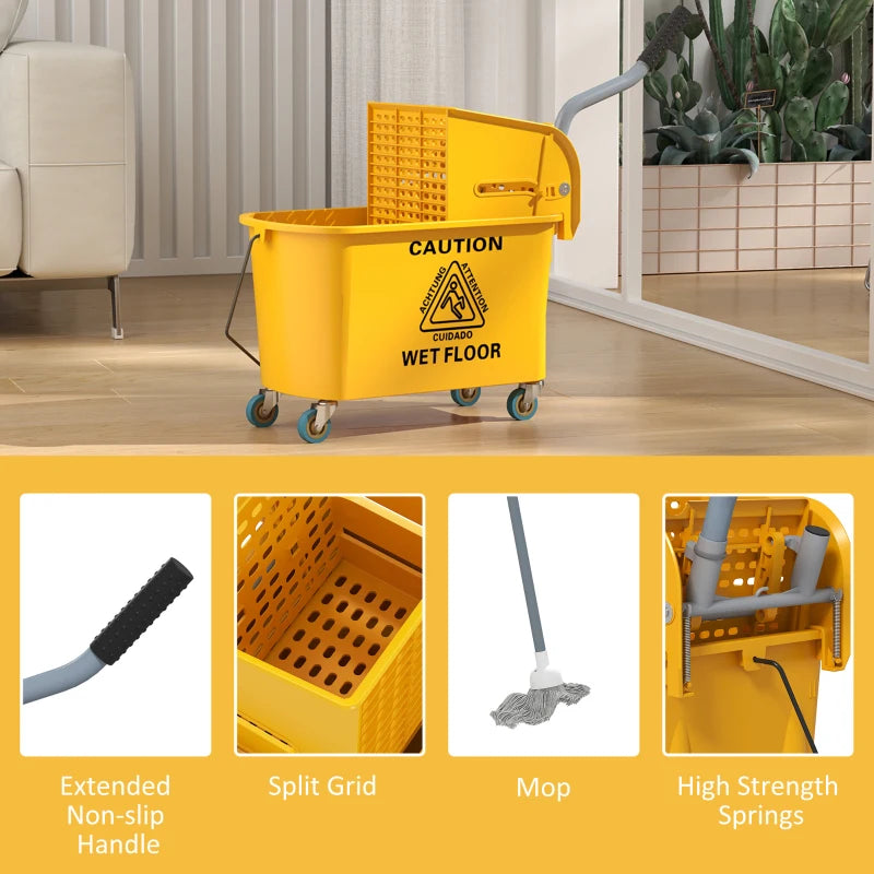 Yellow Mop Bucket with Wringer Set on Wheels - 20L Side Press Mop Bucket with Handle for Efficient Floor Cleaning