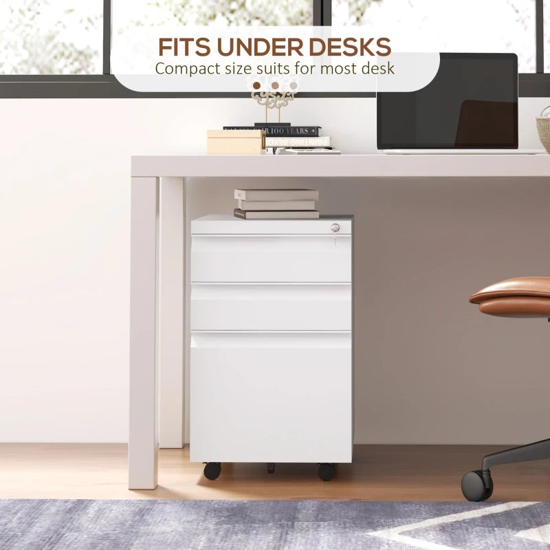 Vinsetto Mobile 3-Drawer Filing Cabinet with Lock - Steel Under Desk Storage for A4, Legal & Letter Size - White