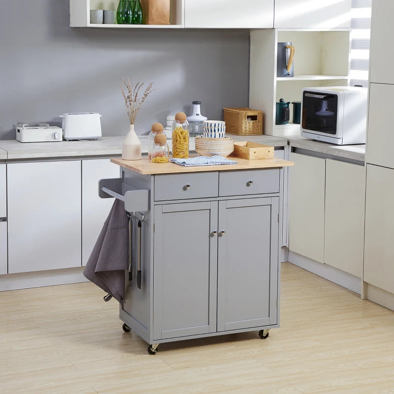 Rolling Kitchen Island on Wheels - Utility Serving Cart with Rubber Wood Top, Towel Rack, Hooks & Storage Drawers in Grey