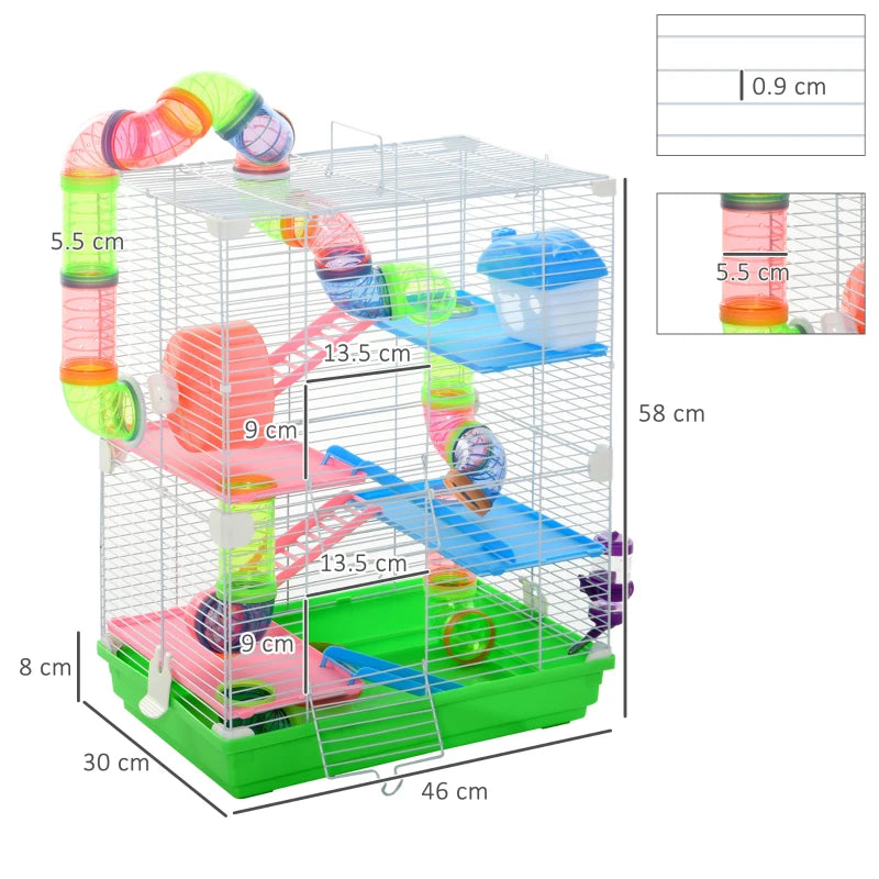5-Tier Hamster Cage Carrier Habitat with Exercise Wheels & Tunnel - Green, Ideal for Active Small Pets