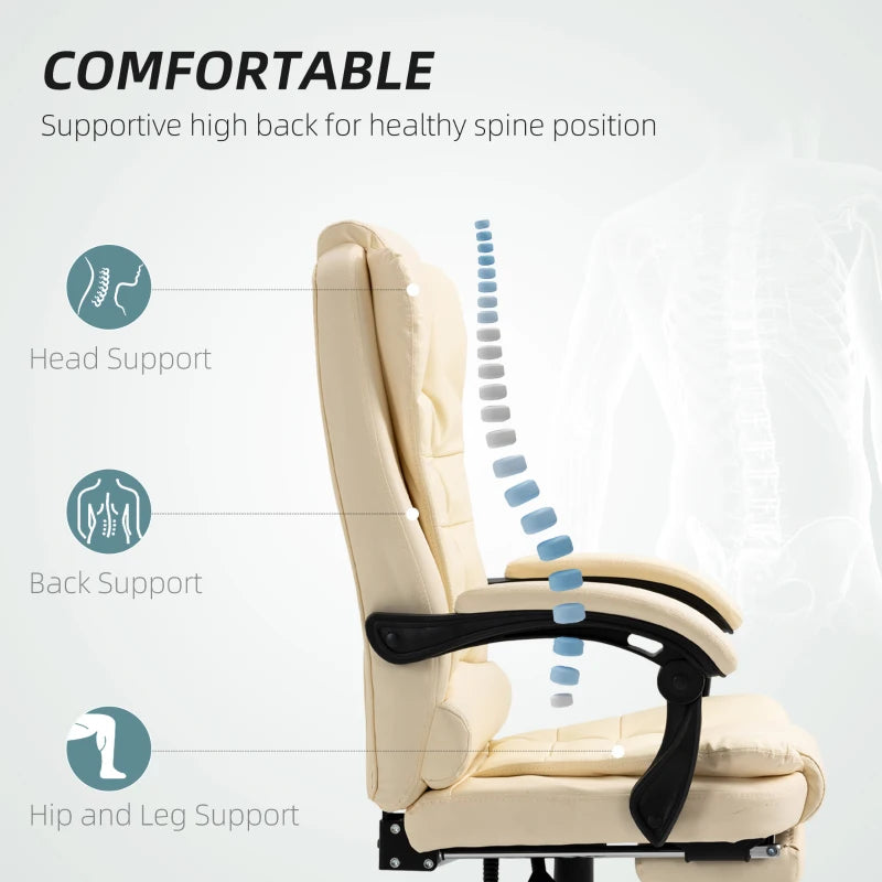 Executive Office Chair - Cream White Home Office Chair with Swivel Wheels, Reclining Backrest & Retractable Footrest