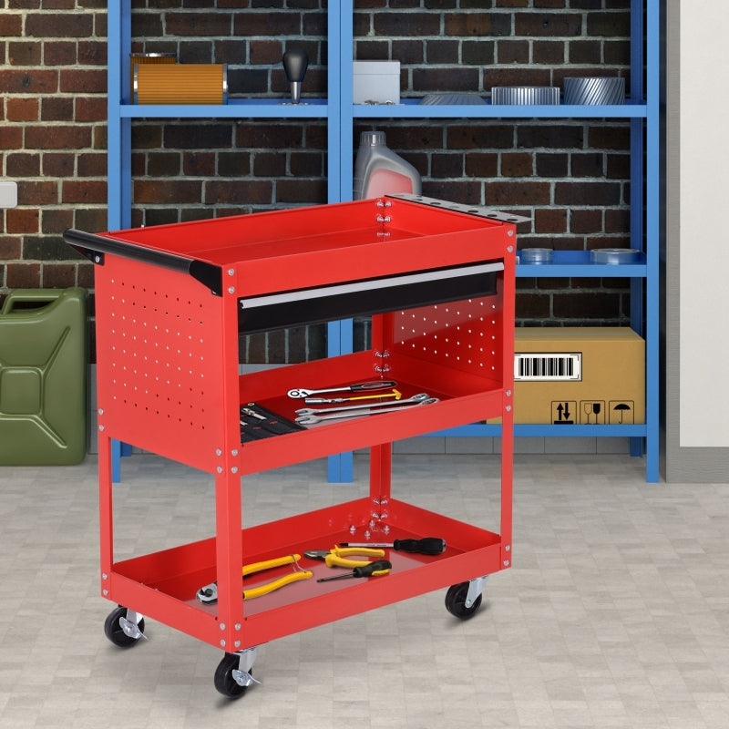 Red 3-Tier Tool Trolley with Drawer for Garage, Workshop