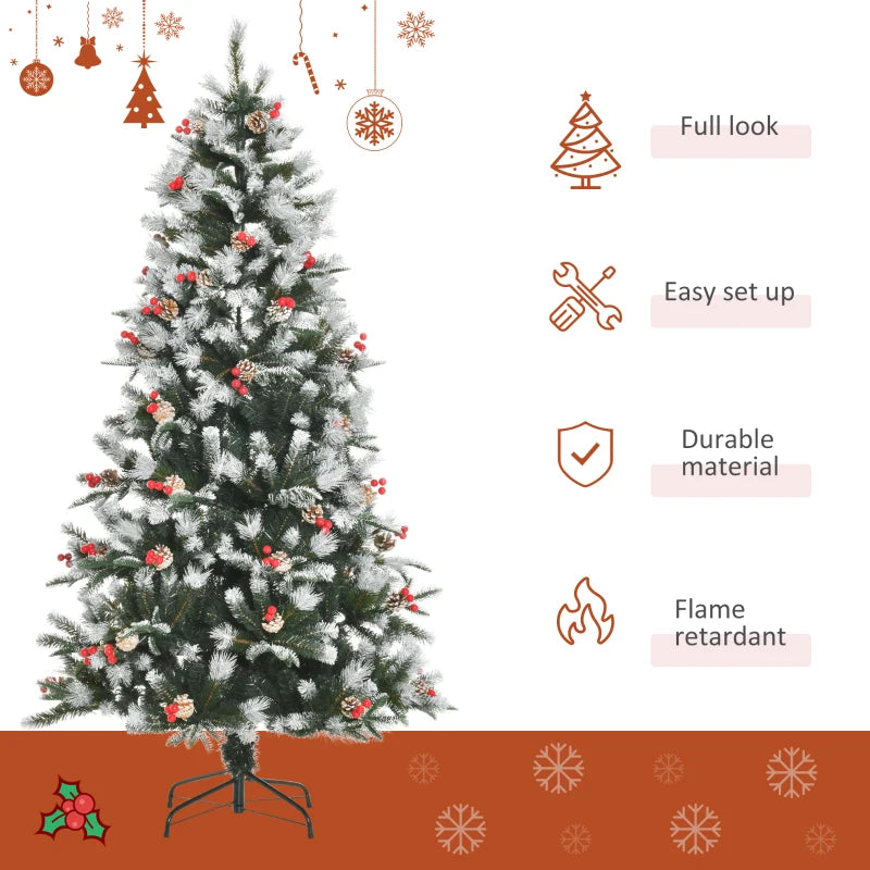 6FT Snow Dipped Christmas Pencil Tree with Red Berries & Pinecones - Foldable Holiday Decoration for Home Parties