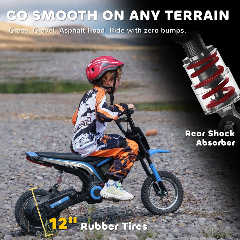 24V Electric Motorbike for Kids with Twist Grip Throttle Music Horn 12 Inch Tyres Blue