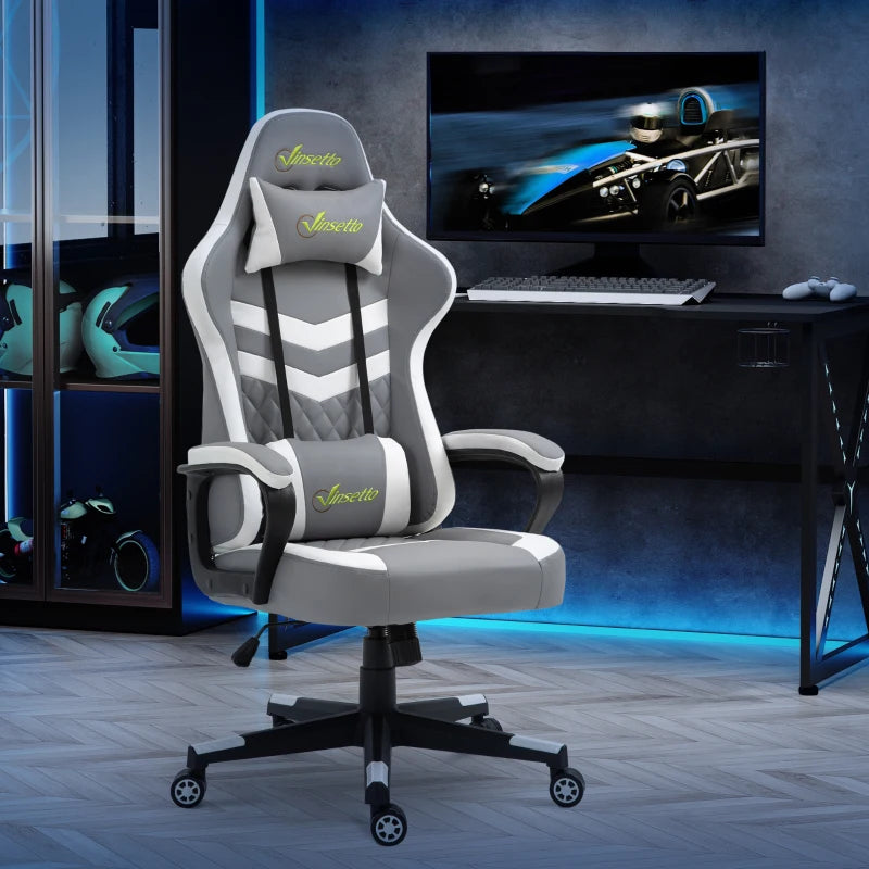 Vinsetto Gaming Chair - Ergonomic Computer Desk Chair with Lumbar Support, Faux Leather, Headrest & Swivel Wheels - Grey White