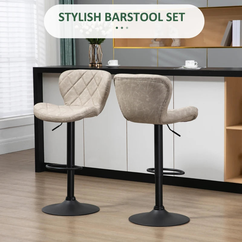 Set of 2 Swivel Bar Stools with Backrest & Footrest - Light Khaki PU, Steel Frame, Diamond Pattern for Kitchen & Dining