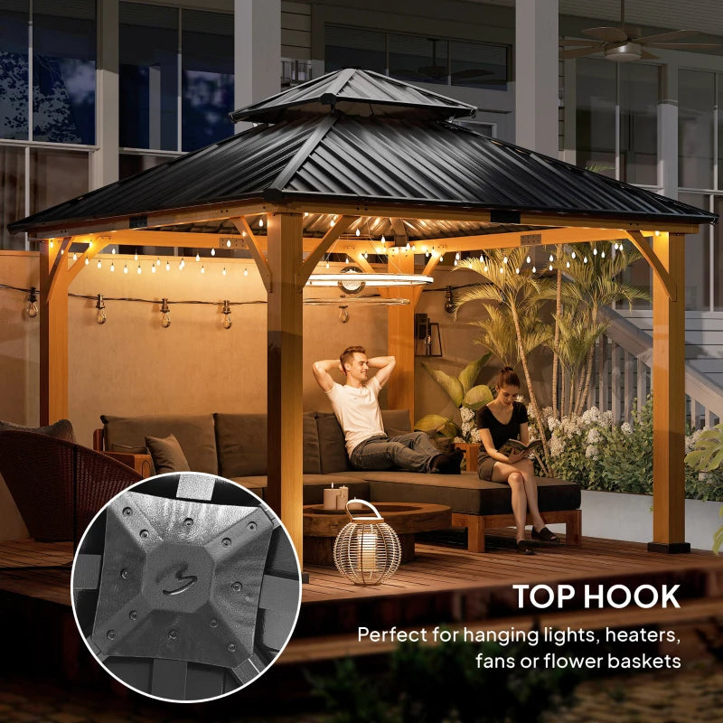Fir Wood 3.5 x 3.5m Grey Patio Shelter: Two-tier Metal Roof Hardtop Gazebo Canopy