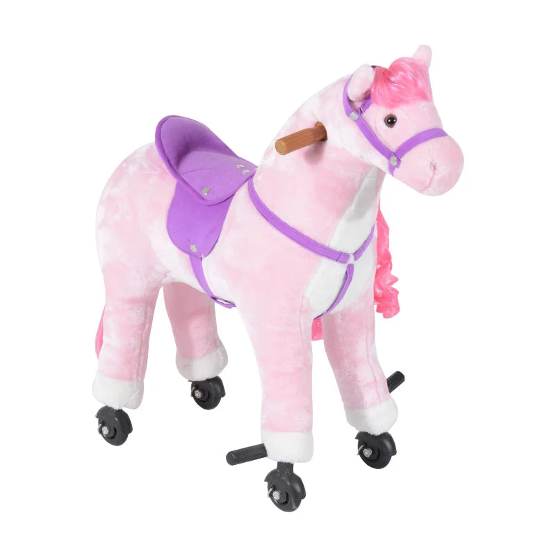Plush Walking Horse Ride-On Toy with Wheels & Sounds - 50cm Pink Rocking Horse for Kids 2+ Years