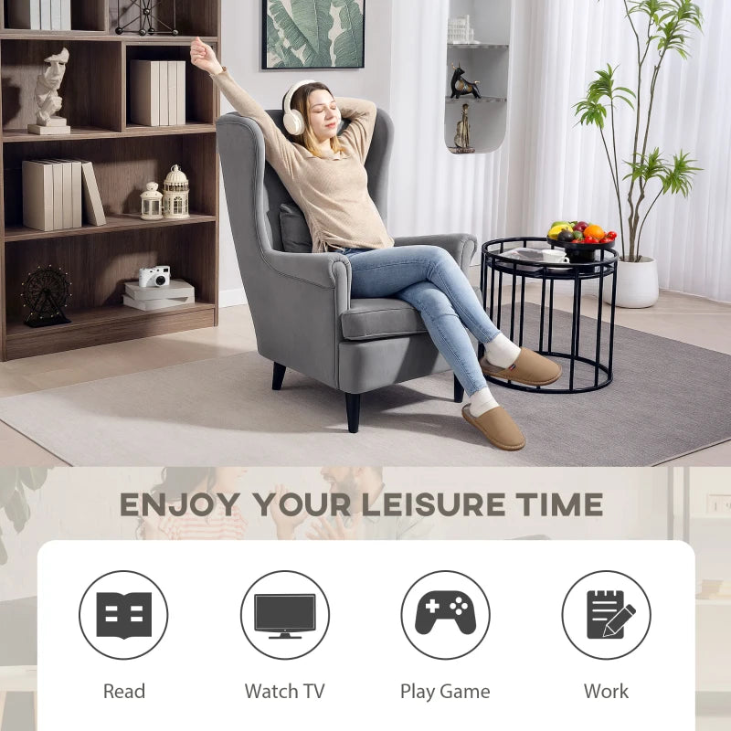 Stylish Upholstered Wingback Armchair with High Backrest and Pillow for Living Room or Bedroom in Dark Grey