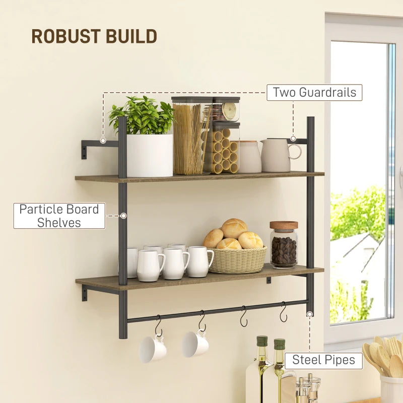 Rustic Wall Mounted Floating Shelves with 4 Hooks - Stylish Grey Shelf Unit for Living Room & Entryway Decor