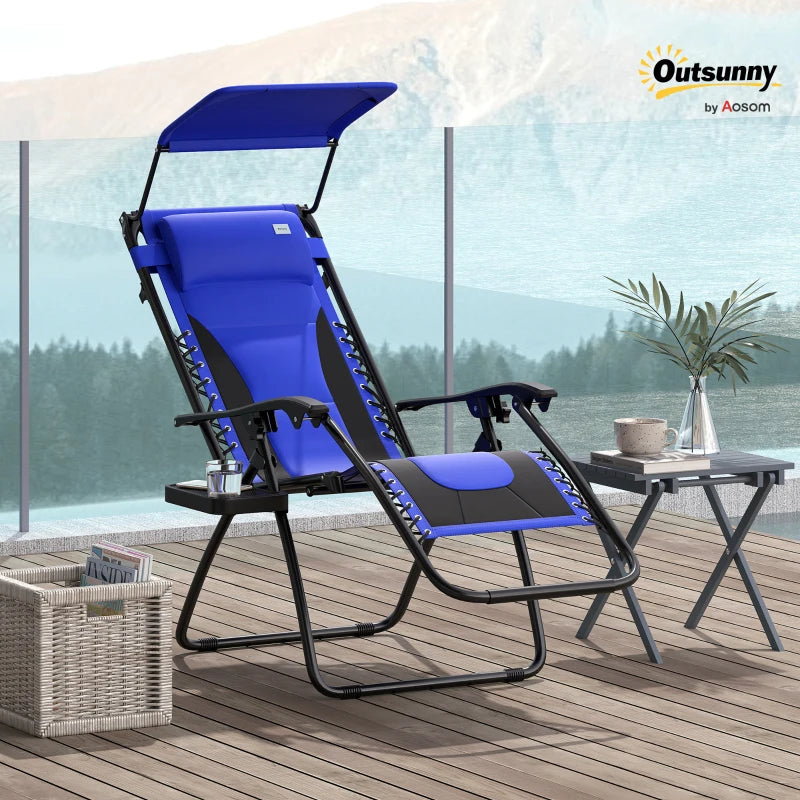Zero Gravity Lounger Chair - Folding Reclining Patio Chair with Shade Cover, Padded Seat, Cup Holder, Soft Cushion and Headrest - Blue, Large Size