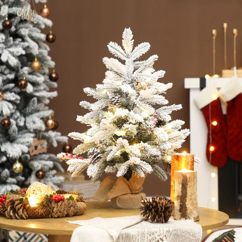 60 cm Prelit Small Christmas Tree - 35 LED Lights, Snow Flocked Mini Xmas Tree with Pine Cones & Berry Clusters