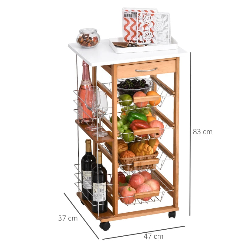 Rolling Kitchen Cart with 4 Basket Drawers & Side Racks - Utility Storage on Wheels for Dining Room, Brown Finish