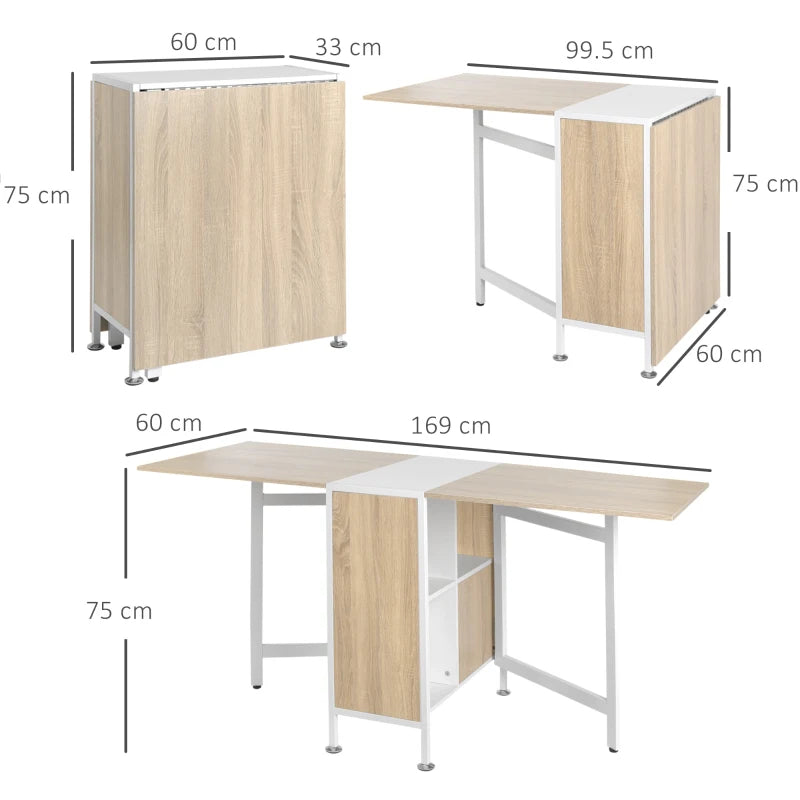 Foldable Drop Leaf Dining Table with Storage Shelves - Compact Oak & White Workstation for Small Spaces