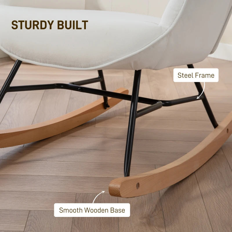 Modern Velvet Rocking Chair with Solid Wood Legs and Metal Frame for Living Room and Bedroom, Cream