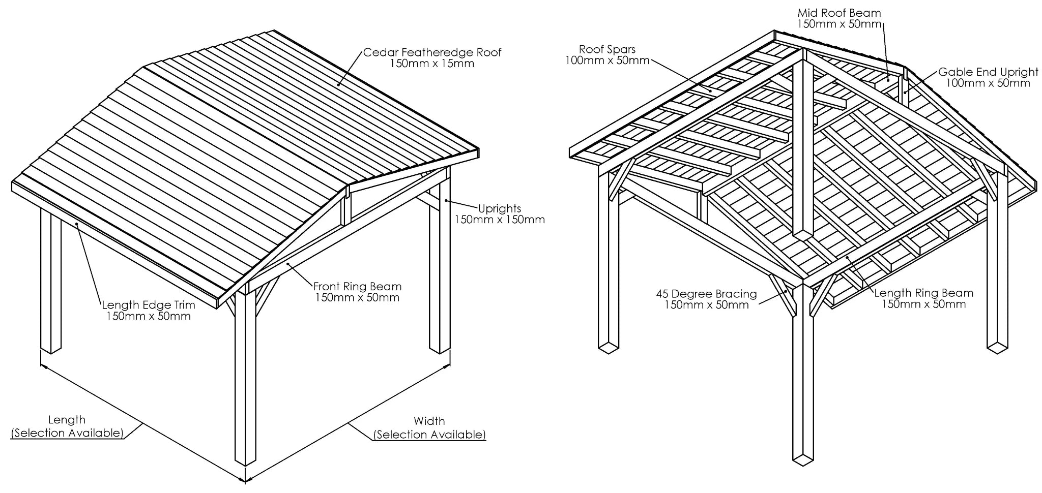 Ruby Wooden Apex Gazebo with Cedar Featheredge Roof – No Overhang Design