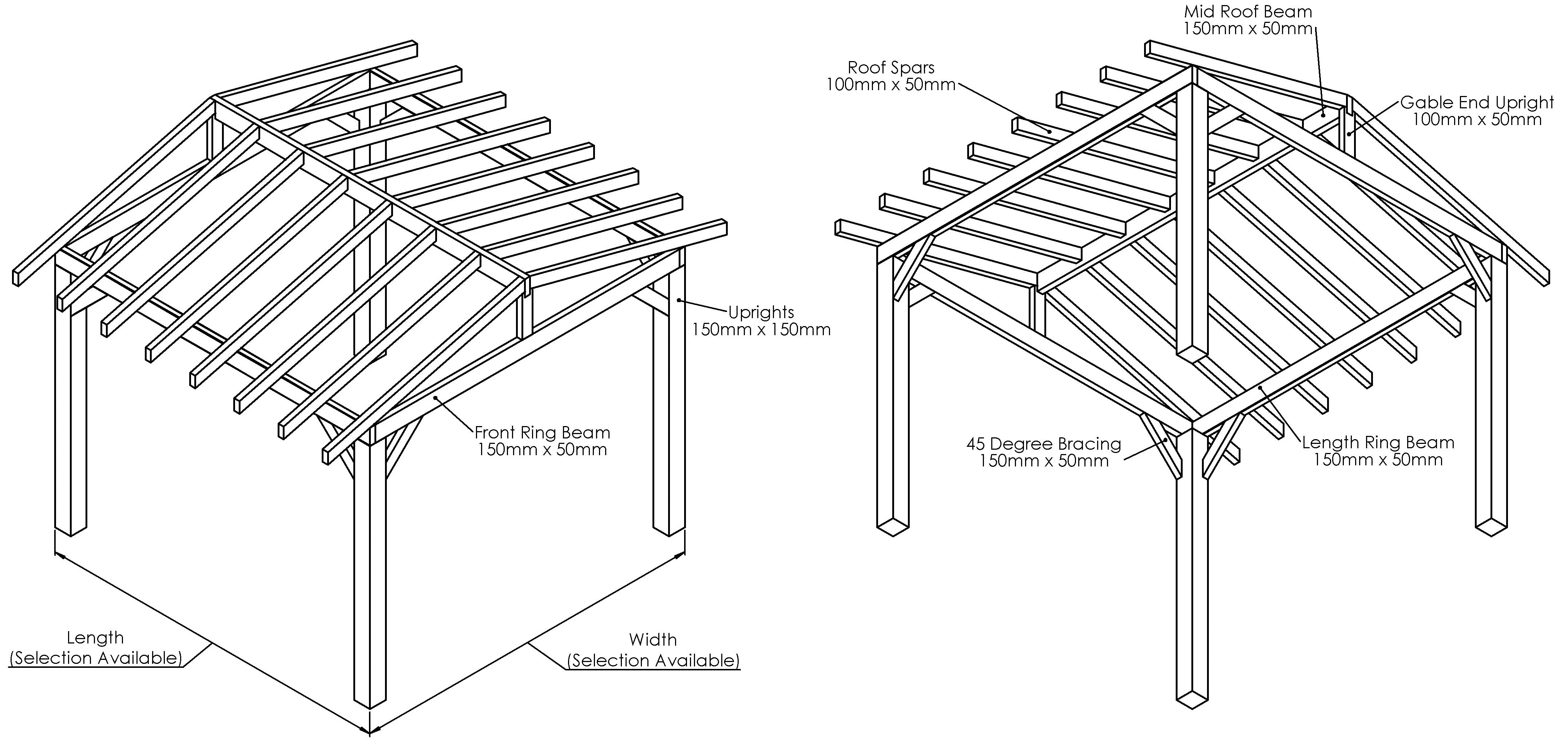 Ruby Wooden Pergola - Open Roof - Apex Structure - No Overhang