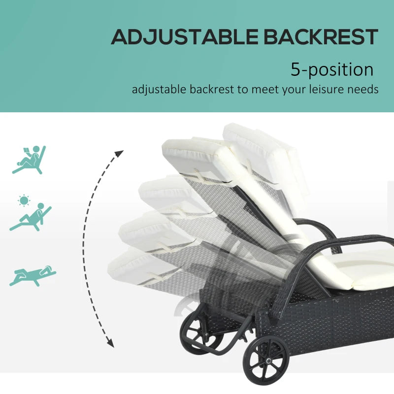 Black Rattan Sun Lounger with Adjustable Headrest and Cushion