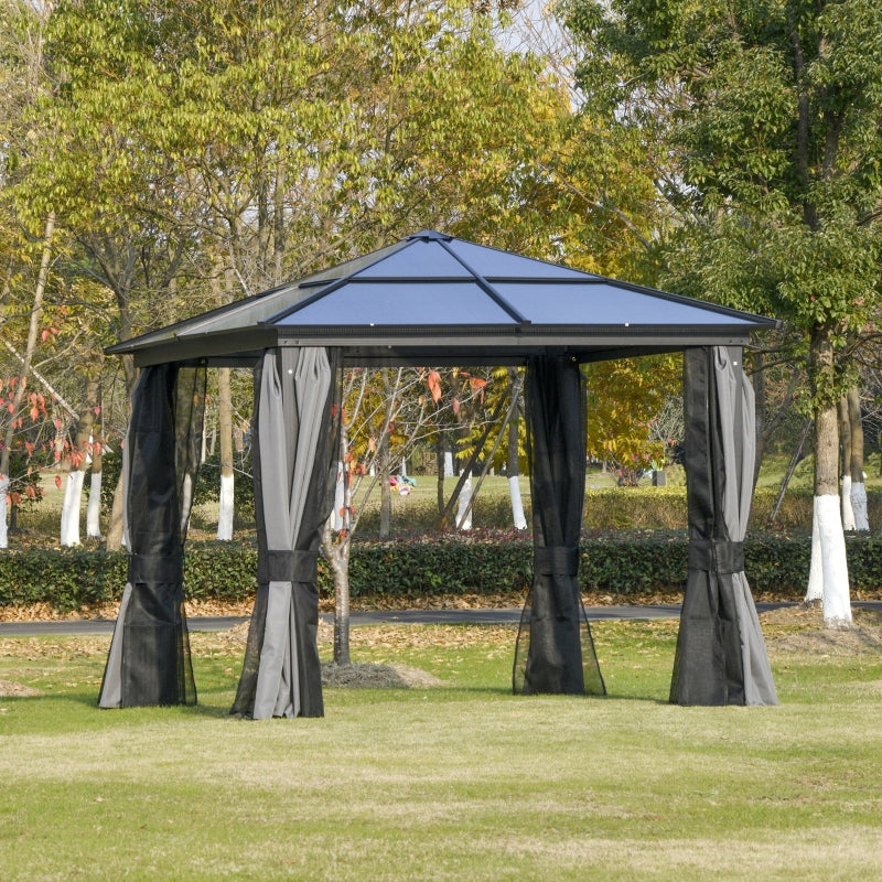 Deluxe 3x3m Garden Gazebo with Curtains & Mosquito Netting – Dark Grey Aluminium Frame & Polycarbonate Roof for Patio