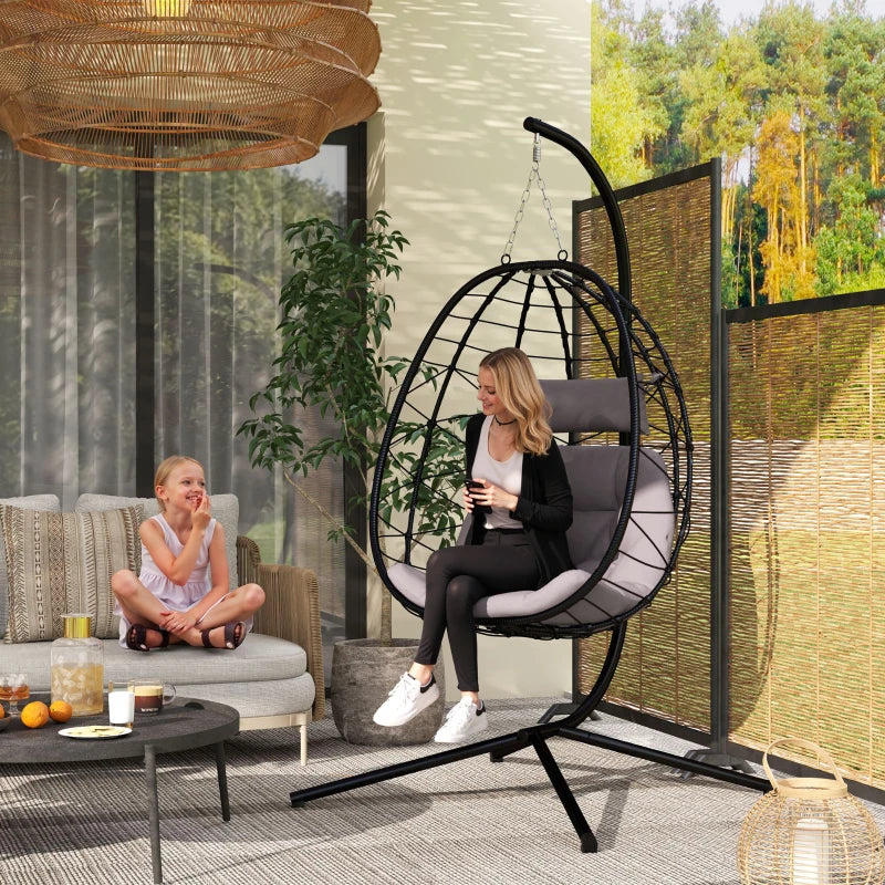 Hanging Egg Chair - Grey Outdoor Indoor Garden Swing Chair with Stand, Thickened Cushion & Headrest - Folding Basket for Patio & Balcony