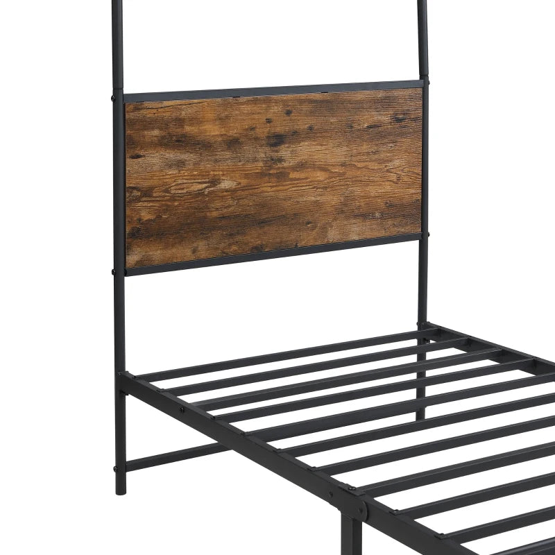 Durable Metal Canopy Bed Frame with Wood Headboard - Easy Self-Installation, Black, 195L x 90.5W x 192H cm