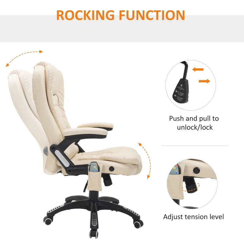 Beige 6-Point Massage Office Chair with Heated Seat - PU Leather High Back Executive Desk Chair, Adjustable Height & 360° Swivel