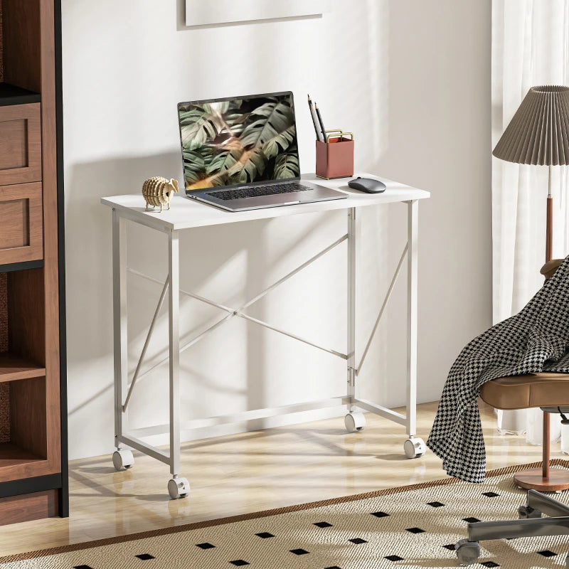 Versatile 80 cm Folding Desk on Wheels - Space-Saving White Home Office Table for Easy Mobility and Storage