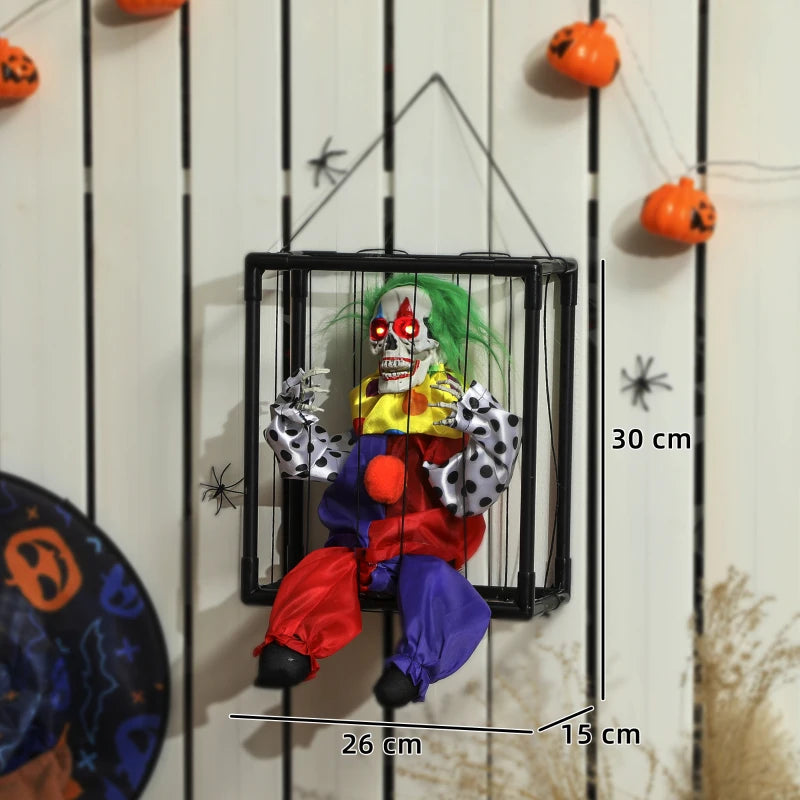 Spooky Animated Clown in Cage with LED Eyes - Scary Halloween Decoration, Battery Operated Indoor Party Prop