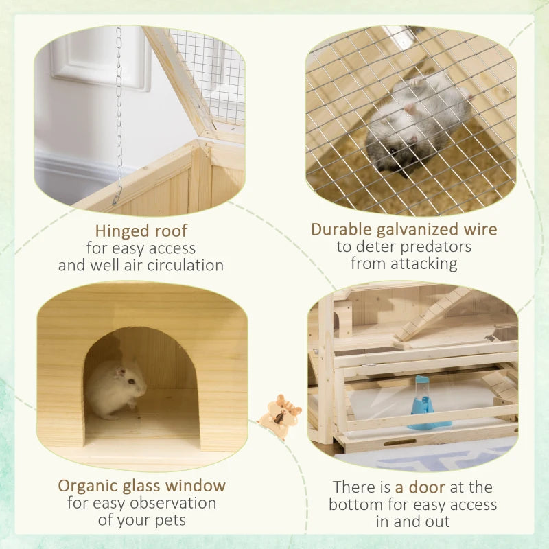 3 Tier Large Wooden Hamster Cage with Sliding Tray, Seesaws & Water Bottle - Natural Habitat for Small Pets