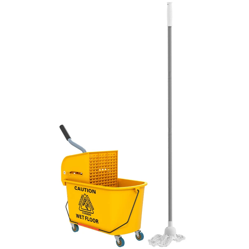 Yellow Mop Bucket with Wringer Set on Wheels - 20L Side Press Mop Bucket with Handle for Efficient Floor Cleaning